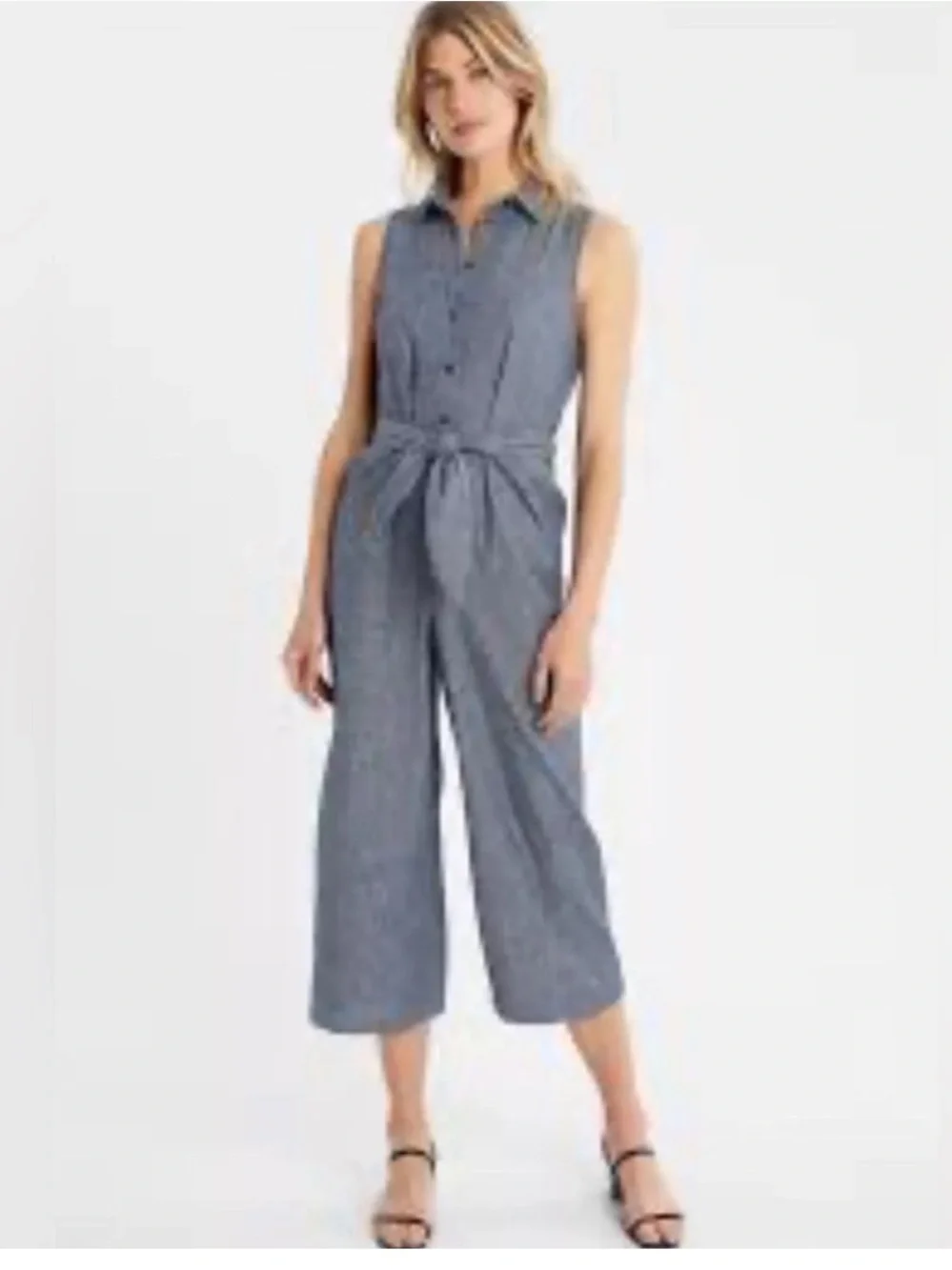Banana Republic Blue Linen Blend Chambray Wide Leg Sleeveless Jumpsuit Size 8p